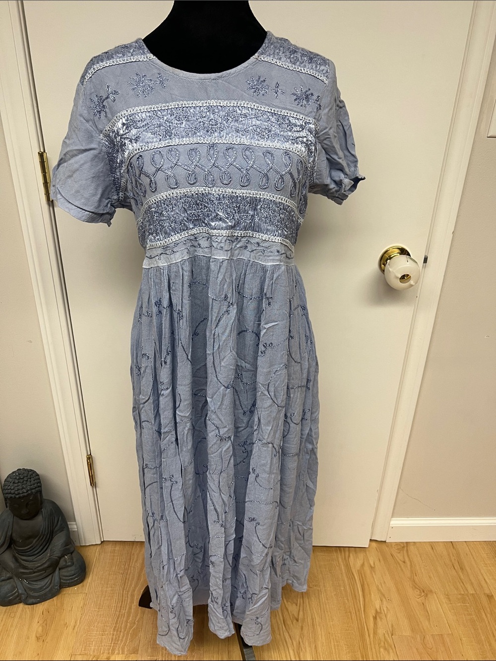 Blue Embroidered Maxi Dress with Short Sleeves